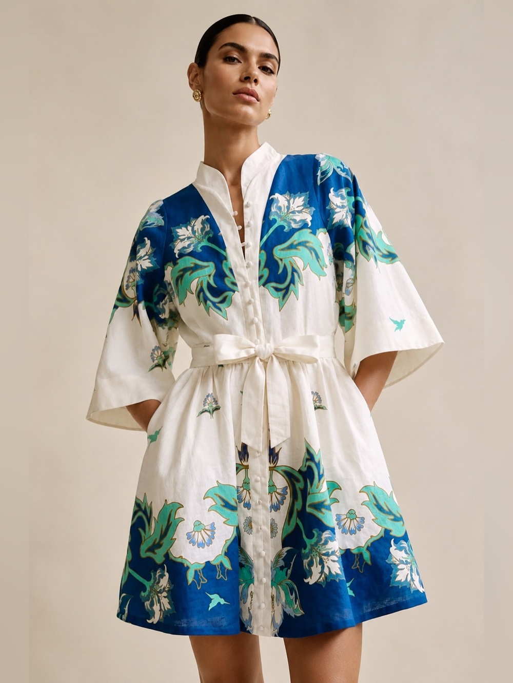 Mestiza New York Carmen Mini Dress white and blue floral mandarin collar belt 8